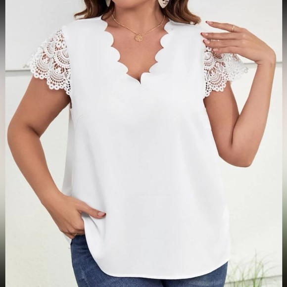 Plus Size Sheer Lace Sleeve Scallop Trim Top Blouse Shirt White - Picture 4 of 16